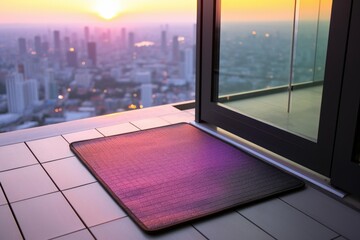 Obraz premium Yoga mat resting on a high rise balcony tile floor overlooking a glowing city skyline at sunset