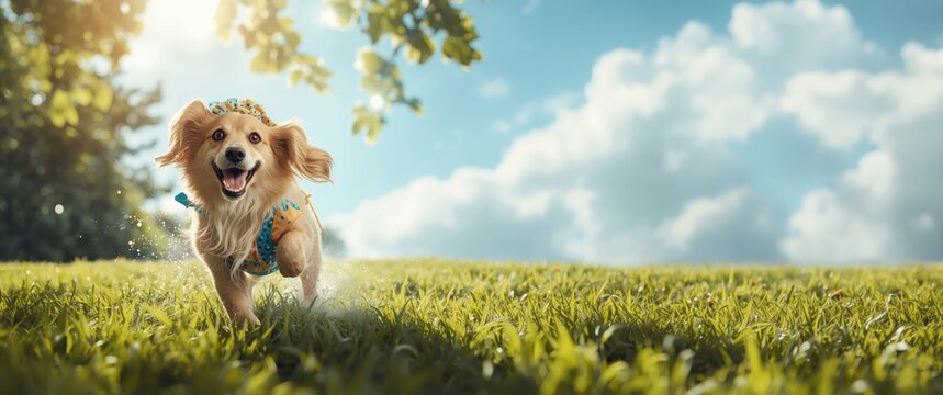 Energetic dog on bright summer lawn wearing shower cap and bath gear