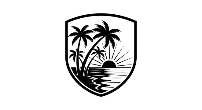 Tropical Palm Tree Sunset Emblem Logo.