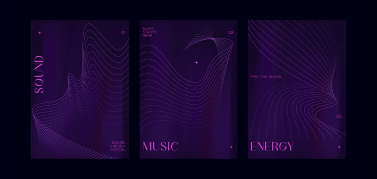 Techno music festival poster with abstract gradient waves and geometric neon shapes on dark purple backdrop. Dynamic party design with electro sound visualization - modern dj concert template.