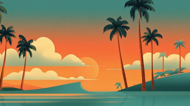 Retro Tropical Beach Sunset with Palm Trees and Calm Ocean Waves.