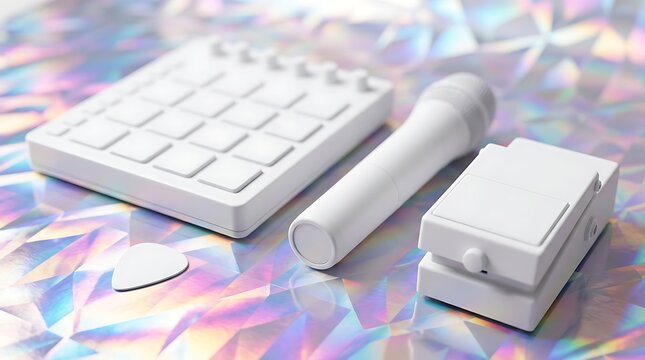 White musical gear including microphone and drum pad on holographic background with guitar pick music studio production equipment