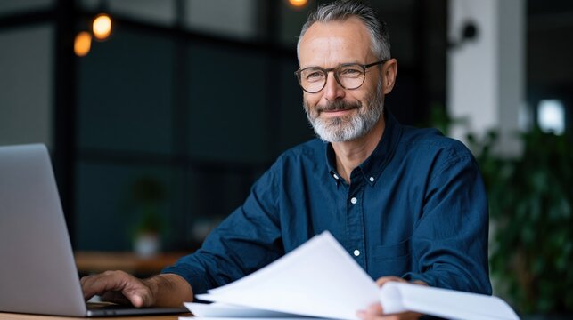 Senior professional using laptop and holding documents in bright office for business presentation background and website header