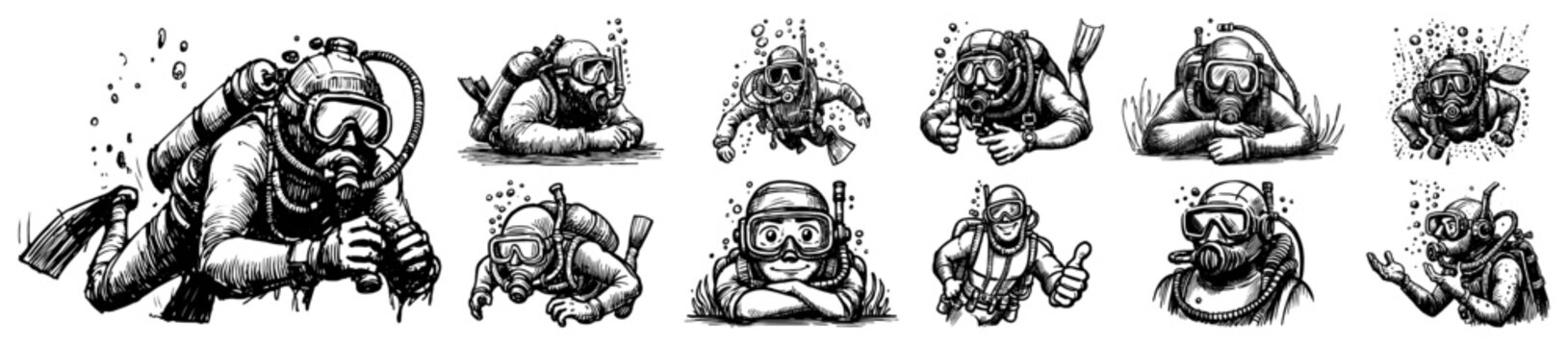 Scuba divers set in vintage engraving style, underwater swimming ocean exploration vector illustration