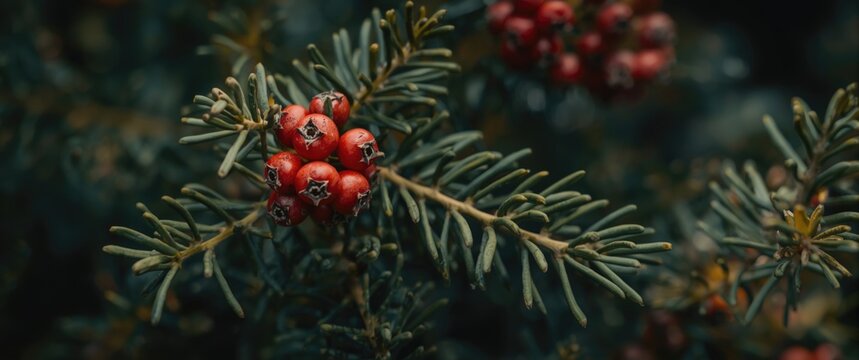 Detailed view of Taxus baccata berries with rich evergreen leaves outdoors