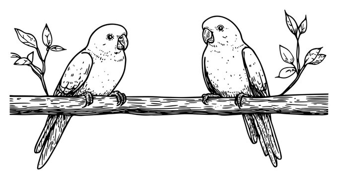 Two budgerigars perched on a branch vintage woodcut engraving style, parrot birds tropical illustration