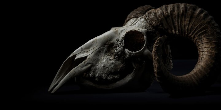 Close range photo of archaic sheep skull bones on black backdrop