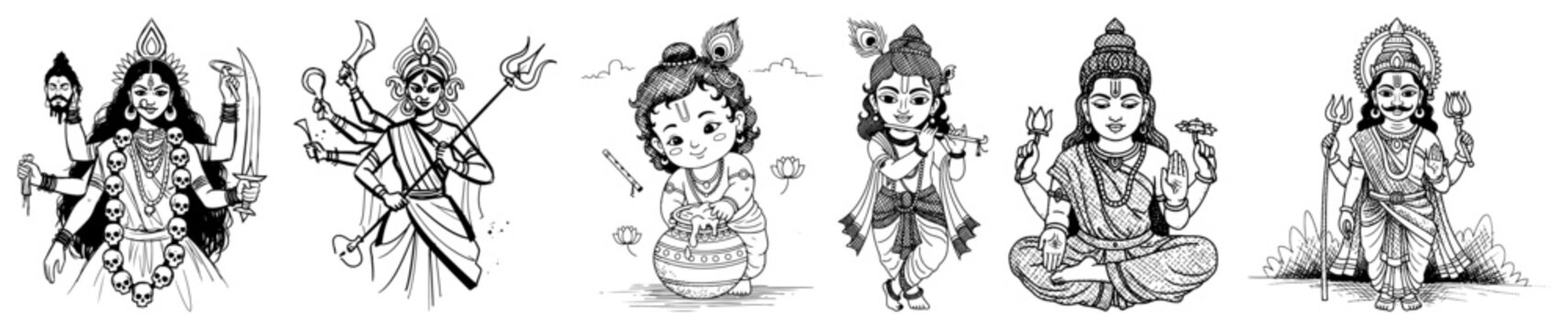Hindu gods and deities set vintage engraving style, Krishna Ganesha Kali and Shiva vector illustration
