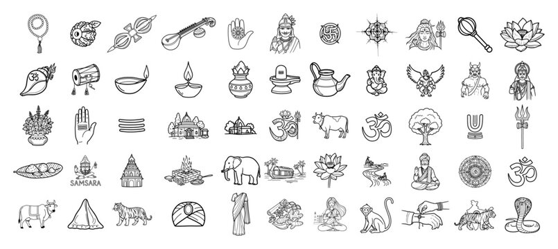 India and Hindu culture mega icons set vintage woodcut engraving style, religious symbols deities landmarks vector