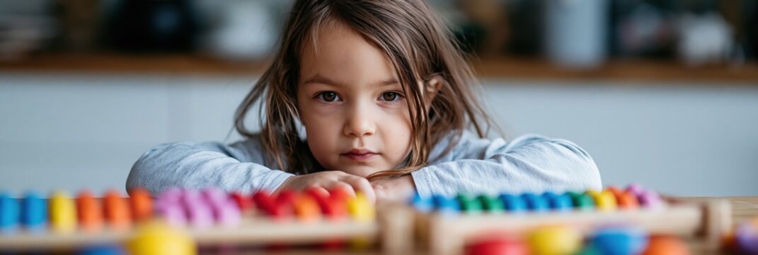 Focused child with a rainbow abacus concentrating on counting beads for numeracy learning poster and educational background design