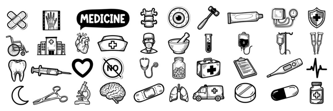 Medical and healthcare icons mega set, hospital equipment doctor nurse and pharmacy line art sketch