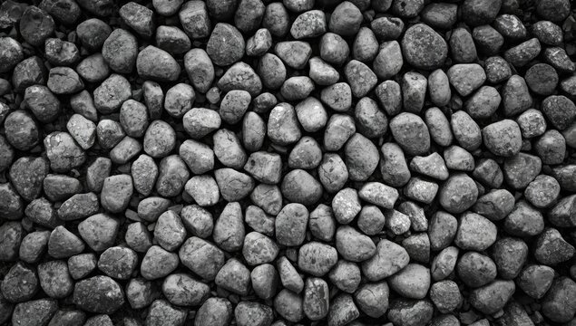 Grey bedrock pile resembling cobblestone road surface shown in detailed black and white