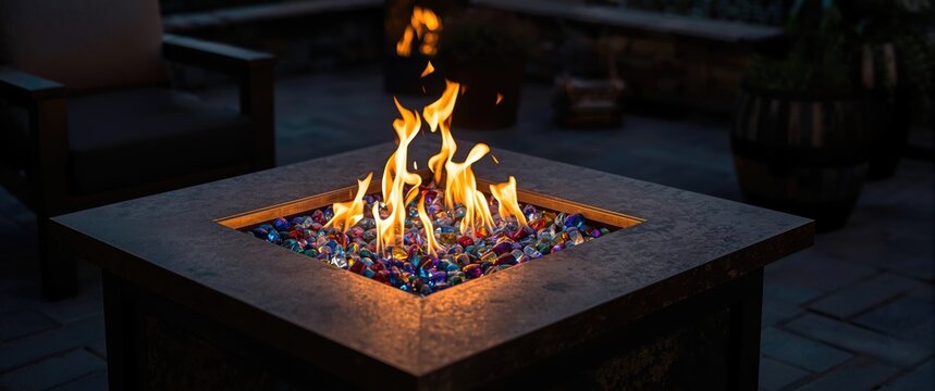 Contemporary gas fire pit featuring multicolored glass in square design