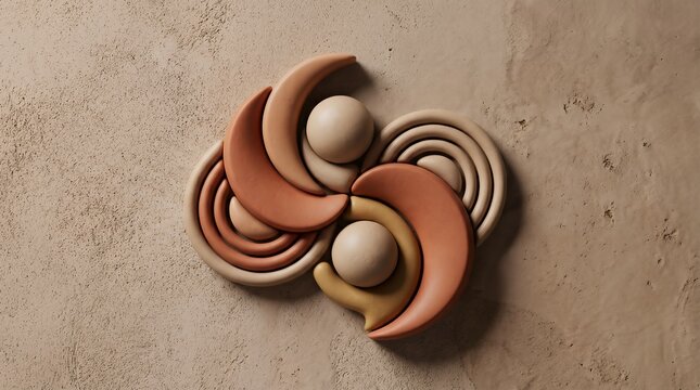アースカラーのクレイ素材で表現された抽象的な幾何学アートの3Dイラスト