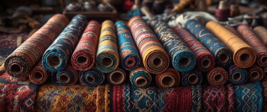 Colorful textile rolls displayed on rough quilt with indistinct sewing items in background copy space