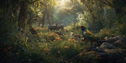 Obraz premium exotic bird with lively colors amidst verdant forest and a variety of blooming flowers and animals