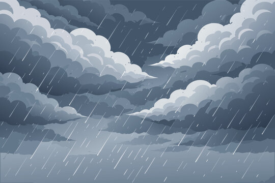 Dramatic white stormy cloudy rainy sky background with heavy overcast textures, atmospheric flat vector illustration depicting moody weather conditions, rainy day concept for background art.
