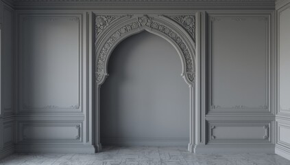 Fototapeta premium Gray and white traditional room elevated by a prominently carved decorative arch