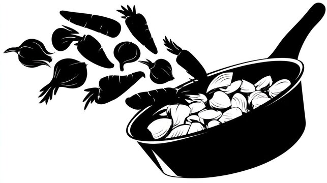 Black and white illustration depicts fresh garden vegetables tumbling into a cooking pan