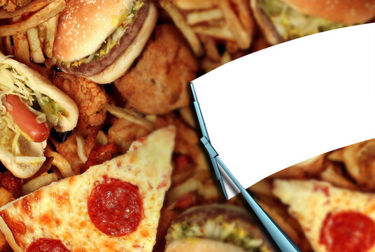Reducing Food Noise as a wiper wiping away a group of fatty greasy junk food Conceptual illustration showing intrusive food thoughts cravings appetite regulation compulsive eating and the brain reward