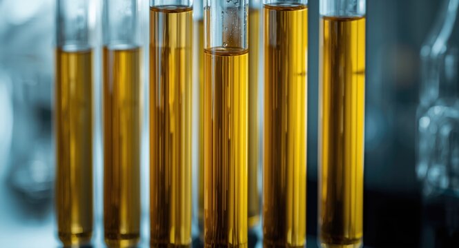 Close up view of laboratory test tubes containing viscous yellow liquid for petroleum product refinement