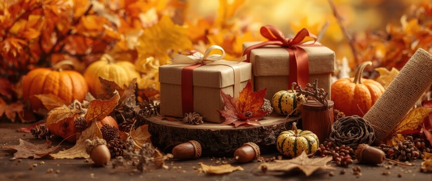 Harvest inspired gift concepts showcasing autumn leaves and seasonal accents
