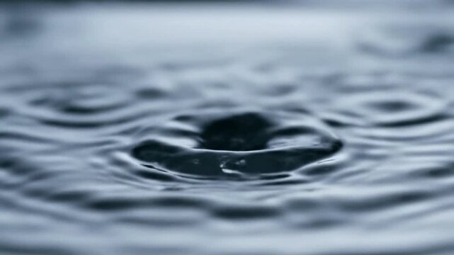Water drop impact creating crown shape and ripples overhead close up shot