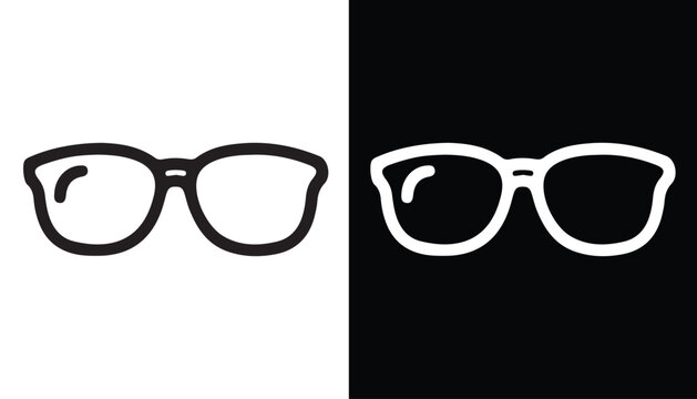 Eyewear Style: A modern, graphic representation of eyeglasses, displayed in both a black outline on a white background and a white outline on a black background.