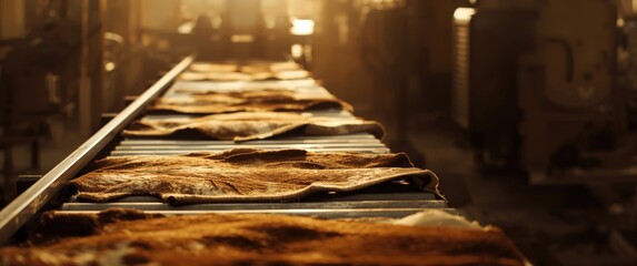 Fototapeta premium Cowhide hides on factory conveyor belt bathed in warm light with ample copy space behind