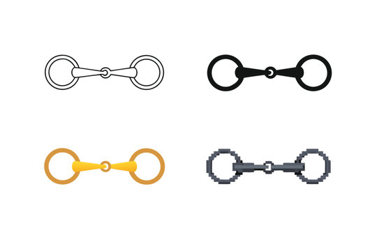 Professional horse snaffle bit icon set featuring four distinct graphic design styles including outline and silhouette versions for equestrian sports and horse riding equipment branding.