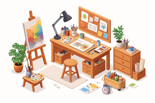 Detailed isometric artist workspace flat vector icons set featuring art supplies tools and creative equipment for painters illustrators and designers working in a professional studio.