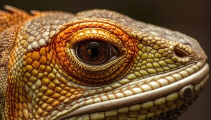 Naklejka premium detailed close up of an iguana eye with orange colored scales