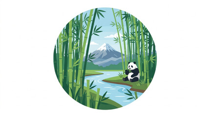 Cute panda sitting by a river in a bamboo forest. © Wazakunf