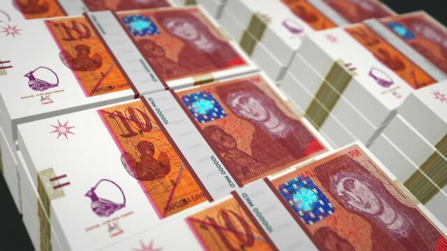 North Macedonia denars money pack loop 3d animation. Loopable seamless concept of finance, cash, economy, business and bank. Camera moving over 1000 MKD banknote bundle stacks.