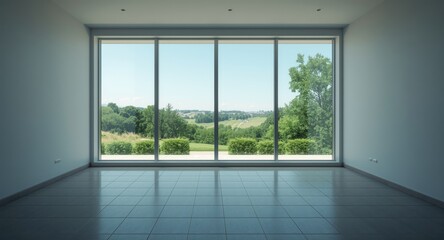 Fototapeta premium Empty room with clear glass window and tiled flooring overlooking garden landscape