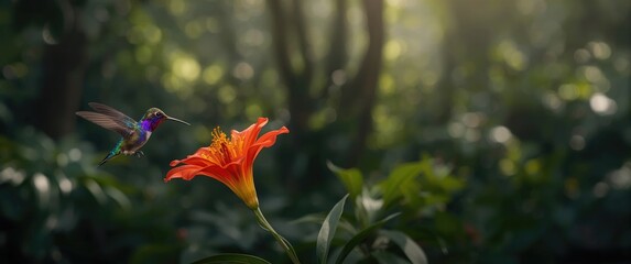 Fototapeta premium Flying hummingbird approaching a bright orange blossom in front of rich forest