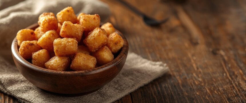 Golden fried potato bites known as tater tots with copy space