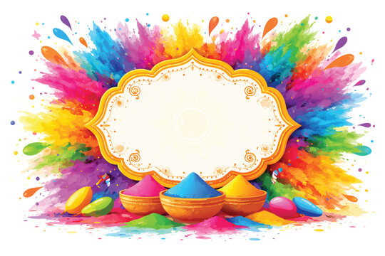 Vibrant Holi Festival Day background with colorful powder splashes and Happy Holi text in a festive style. Indian Spring celebration vector illustration with bright pigments for greetings.
