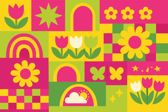 Vibrant geometric spring collage with bold fuchsia lime and yellow tile motifs featuring tulips, arches, and stars. Modern abstract floral pattern for contemporary textile and decor design.