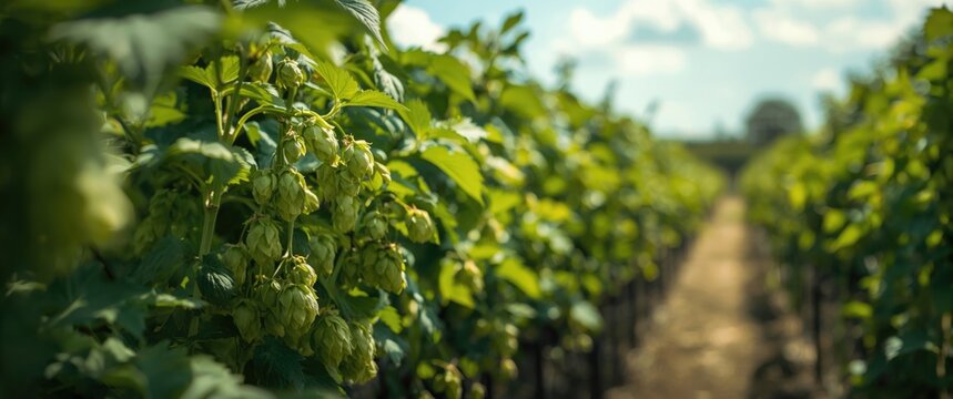 Green hop yard basking in cheerful sunshine