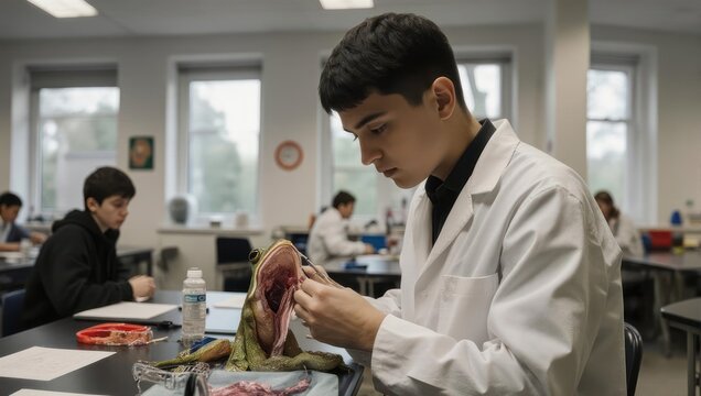 Young male student in a white lab coat dissecting an animal specimen in a science classroom.