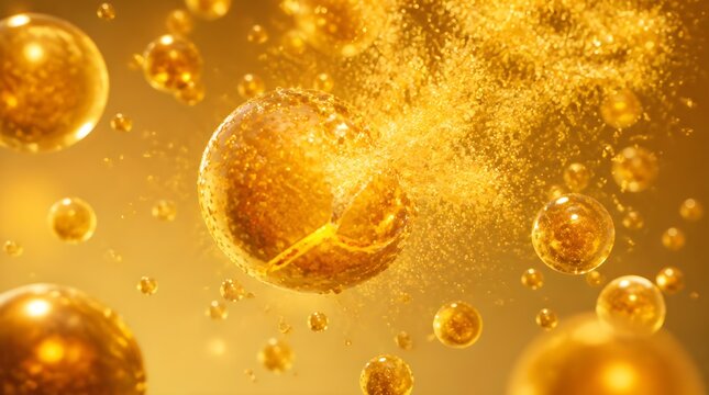 Microscopic luxury gold capsules and nano particles exploding, cosmetic oil serum floating bubble, 3D rendering