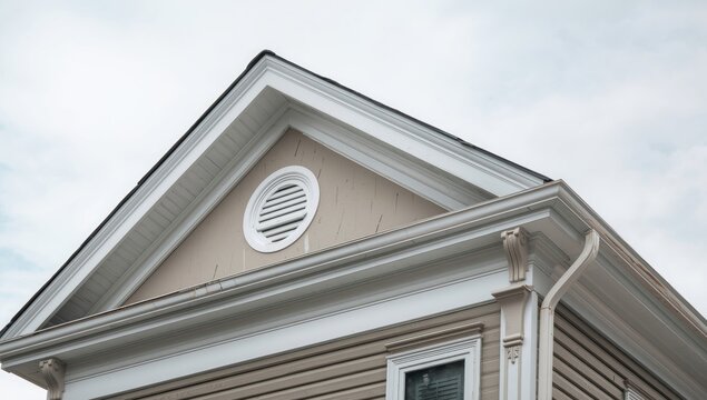 Gable roof exhibiting white fascia and soffit with decorative corbel and bracket accents alongside vinyl siding and sky