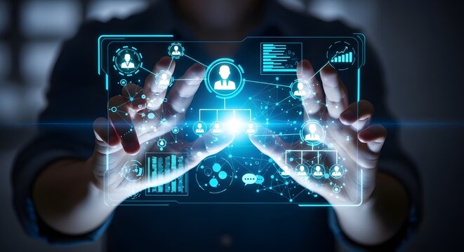 Professional manager interacting with a glowing digital interface showing complex organizational charts and global network connections in this modern photo