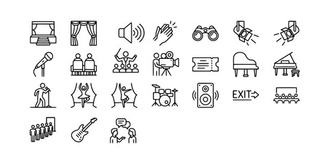 Icon set collection of theater and performance arts icons, featuring stage, lights, audience, music instruments, tickets, and camera gear symbols. © Raka Firdaus 