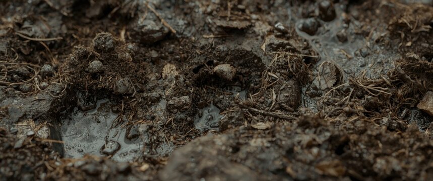 Close shot of a large depth footprint stamped in moist mire depicting messiness
