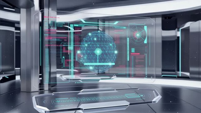 Futuristic artificial intelligence command center, transparent holographic interfaces floating in the air, glowing data streams and neural network visualizations