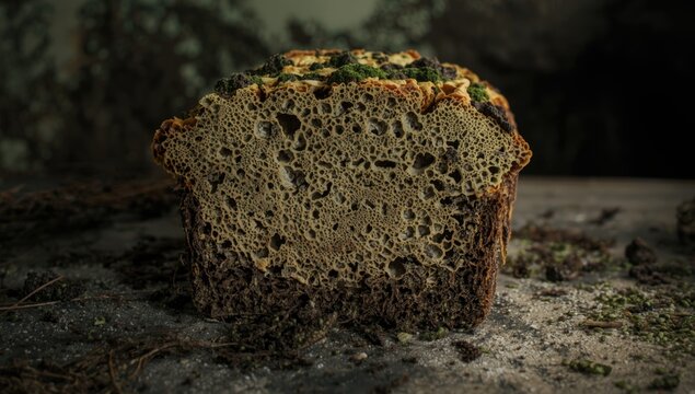 Fungal infestation visible on green mold covered bread