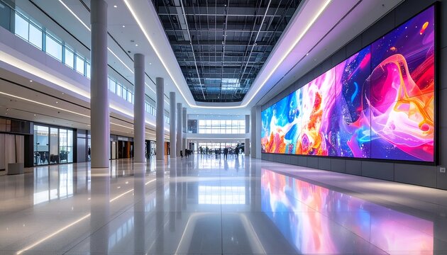 Modern Convention Center Interior with Large LED Display and Polished Floors.