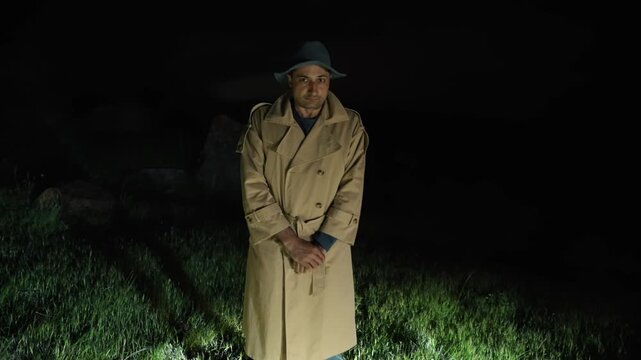 Very strange man in trench coat and hat standing under car headlights at night